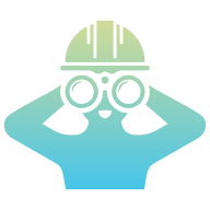 Icon of a smiling person in a hardhat looking through binoculars.